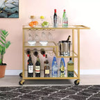 Royal Hampton Metal Framed Serving Cart with Wine Bottle Holder and Stemware, Gold and Clear