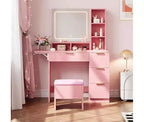 Makeup Vanity Set, Vanity Desk with Mirror , Makeup Table with Storage Stool, Drawers, Open Shelves, Wooden Dressing Table for Bedroom, Pink
