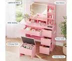 Coiffeuse de Maquillage, Bureau de Maquillage avec Miroir, Table de Maquillage avec Tabouret de Rangement, Tiroirs, Étagères Ouvertes, Coiffeuse en Bois pour Chambre à Coucher, Rose