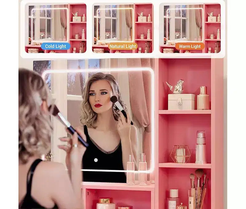 Coiffeuse de Maquillage, Bureau de Maquillage avec Miroir, Table de Maquillage avec Tabouret de Rangement, Tiroirs, Étagères Ouvertes, Coiffeuse en Bois pour Chambre à Coucher, Rose