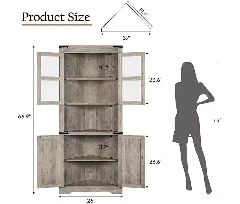 Meuble d'angle, meuble d'angle haut avec porte coulissante et étagères réglables, meuble de rangement d'angle pour salon, cuisine, salle de bain, gris délavé