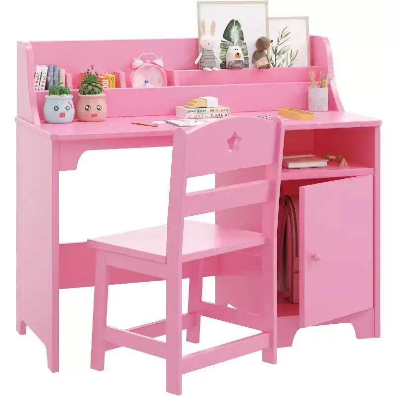 Bureau d'enfant Garvee avec chaise, bureau d'étude avec étagère, armoire de rangement, table en bois pour enfants pour chambre et salle d'étude