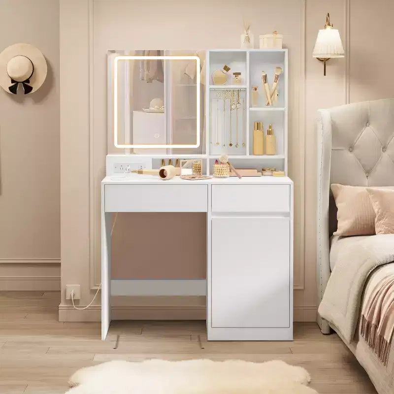 35.4-Inch Vanity Desk with LED Mirror and Charging Station, Makeup Table Set with Stool and Jewelry Storage, Cloud White