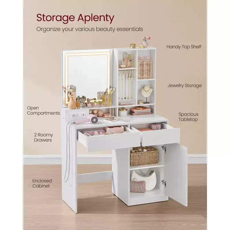 Coiffeuse de 90 cm avec miroir LED et station de charge, ensemble table de maquillage avec tabouret et rangement pour bijoux, blanc nuage