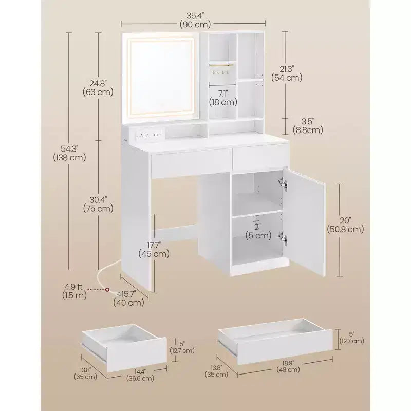 Coiffeuse de 90 cm avec miroir LED et station de charge, ensemble table de maquillage avec tabouret et rangement pour bijoux, blanc nuage
