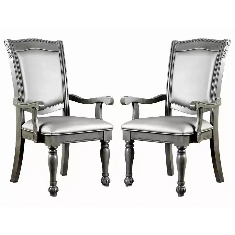 Royal Hampton Style Wooden Arm Chair With Leatherette Cushions In Gray, Set Of 2