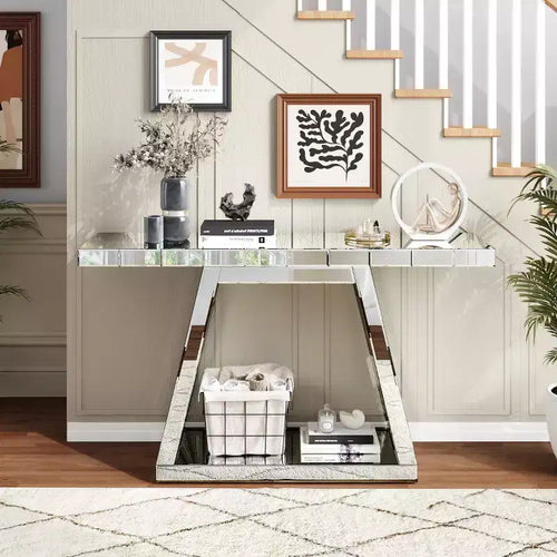 55.9 Modern Mirrored Console Table, Full-Body Reflective Entryway Table with Trapezoid Base, for Hallway or Living Room - Panipeachy