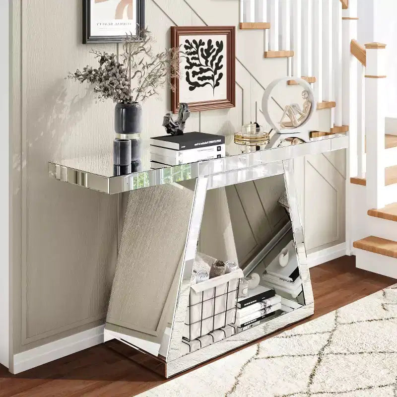 55,9" Console miroir moderne, Table d'entrée réfléchissante pleine longueur avec base trapézoïdale, pour couloir ou salon - Panipeachy