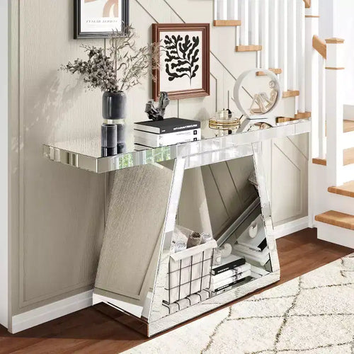 55,9" Console miroir moderne, Table d'entrée réfléchissante pleine longueur avec base trapézoïdale, pour couloir ou salon - Panipeachy