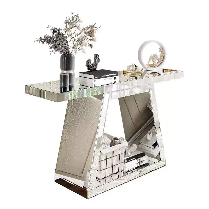 55,9" Console miroir moderne, Table d'entrée réfléchissante pleine longueur avec base trapézoïdale, pour couloir ou salon - Panipeachy