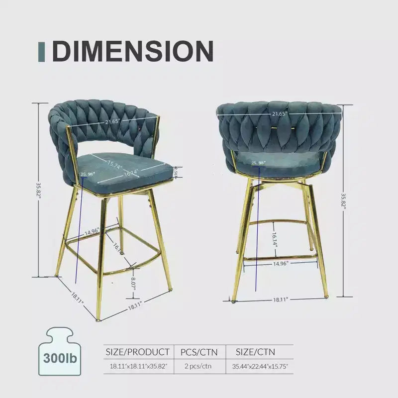 Tabourets de bar Okak en daim tressé de 66 cm (lot de 2), fauteuils pivotants à 360° avec repose-pieds, chaises de cuisine réglables pour îlot de cuisine, bar de maison