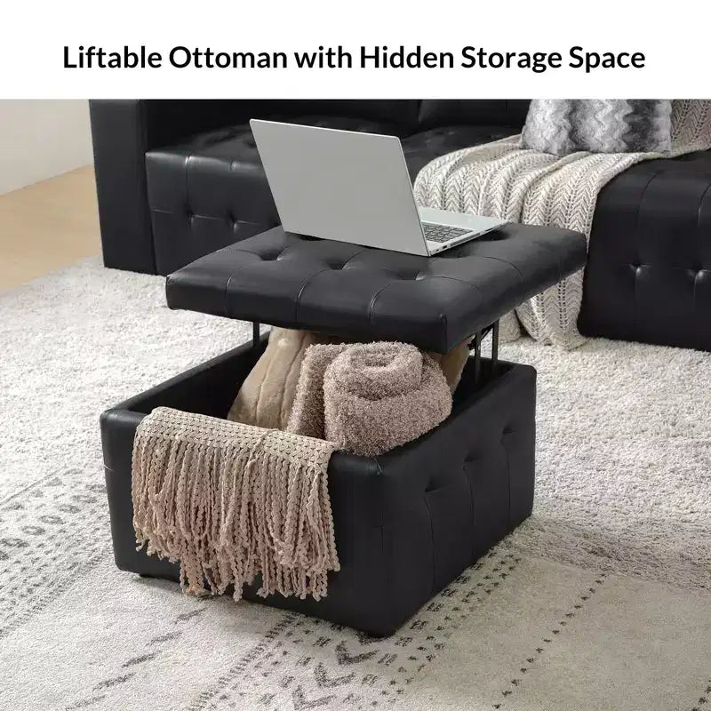 Vicenta 24 Pouces Large Pouf carré capitonné en cuir véritable avec rangement|ART OF LIVING DESIGNS
