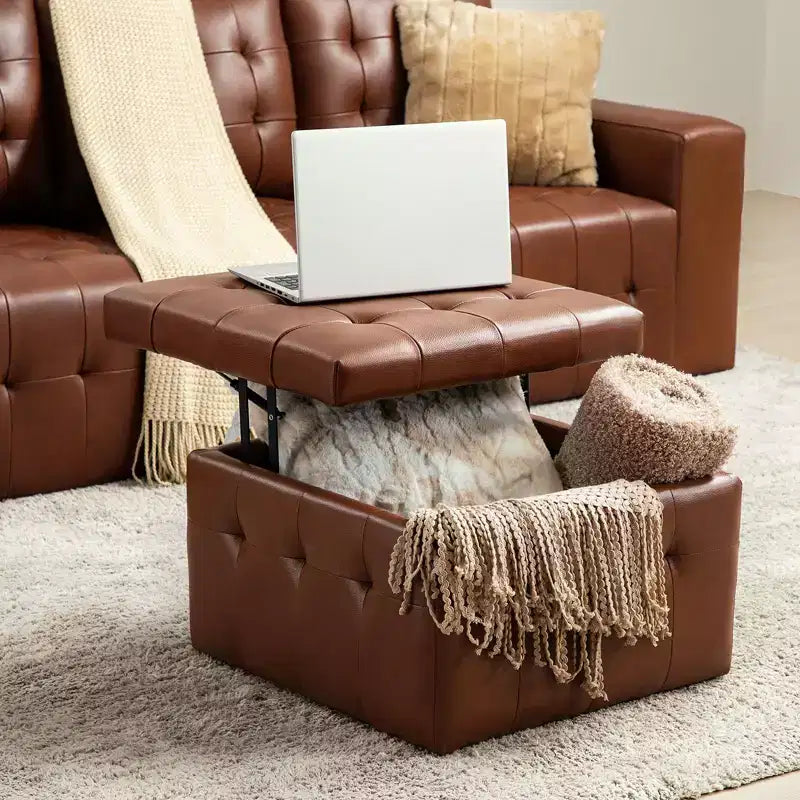 Vicenta 24 Pouces Large Pouf carré capitonné en cuir véritable avec rangement|ART OF LIVING DESIGNS