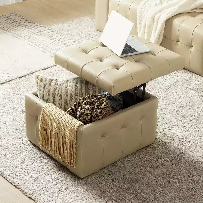 Vicenta 24 Pouces Large Pouf carré capitonné en cuir véritable avec rangement|ART OF LIVING DESIGNS
