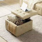 Vicenta 24 Pouces Large Pouf carré capitonné en cuir véritable avec rangement|ART OF LIVING DESIGNS