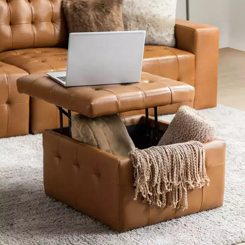 Vicenta 24 Pouces Large Pouf carré capitonné en cuir véritable avec rangement|ART OF LIVING DESIGNS