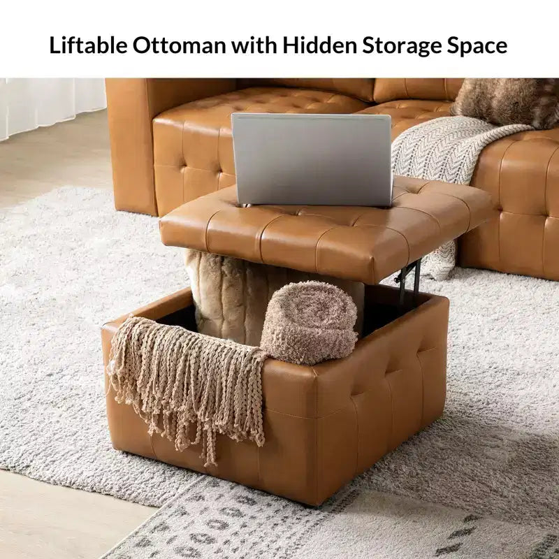 Vicenta 24 Pouces Large Pouf carré capitonné en cuir véritable avec rangement|ART OF LIVING DESIGNS