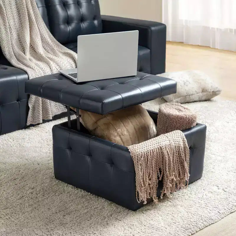 Vicenta 24 Pouces Large Pouf carré capitonné en cuir véritable avec rangement|ART OF LIVING DESIGNS