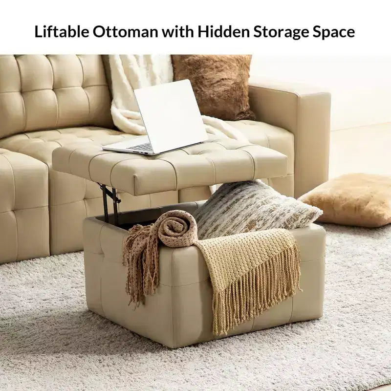 Vicenta 24 Pouces Large Pouf carré capitonné en cuir véritable avec rangement|ART OF LIVING DESIGNS