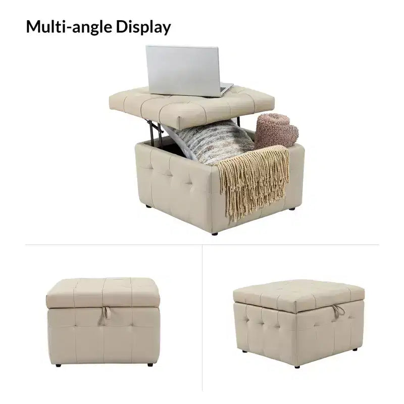Vicenta 24 Pouces Large Pouf carré capitonné en cuir véritable avec rangement|ART OF LIVING DESIGNS
