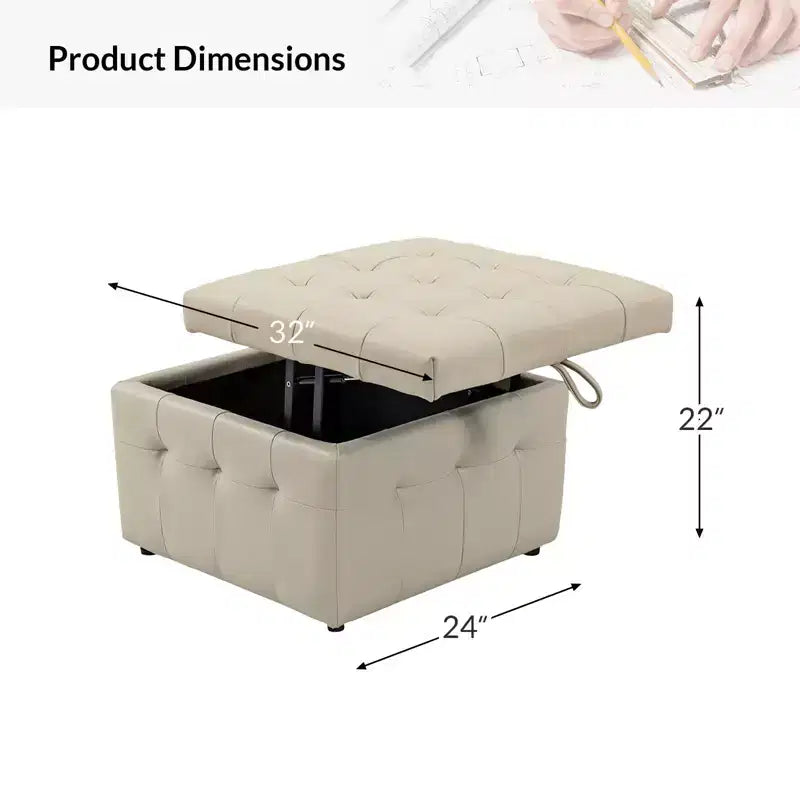 Vicenta 24 Pouces Large Pouf carré capitonné en cuir véritable avec rangement|ART OF LIVING DESIGNS