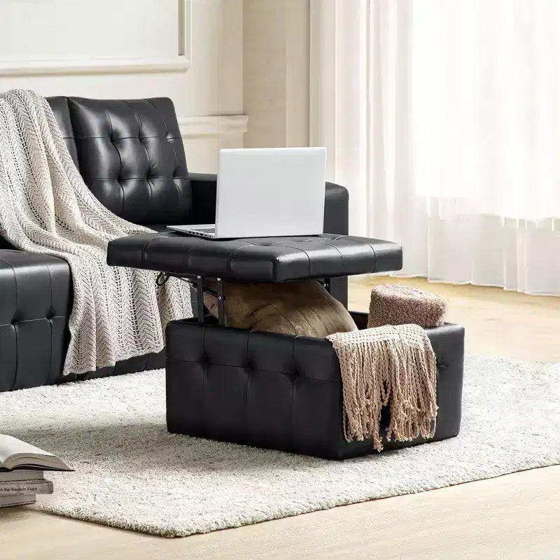 Vicenta 24 Pouces Large Pouf carré capitonné en cuir véritable avec rangement|ART OF LIVING DESIGNS