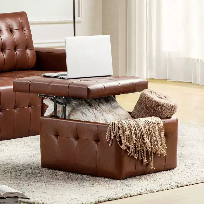 Vicenta 24 Pouces Large Pouf carré capitonné en cuir véritable avec rangement|ART OF LIVING DESIGNS
