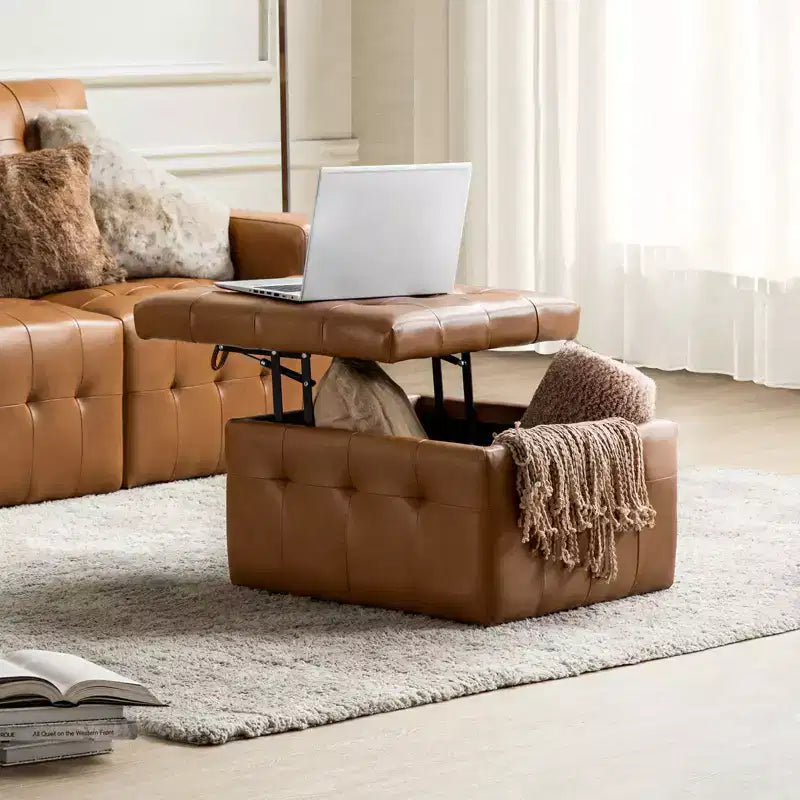 Vicenta 24 Pouces Large Pouf carré capitonné en cuir véritable avec rangement|ART OF LIVING DESIGNS