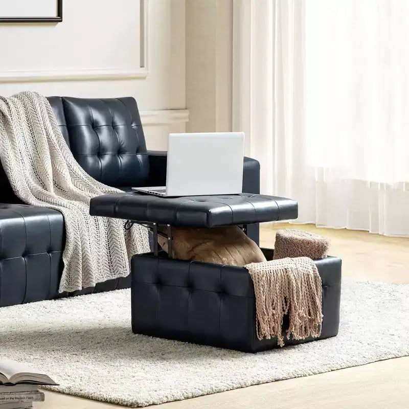 Vicenta 24 Pouces Large Pouf carré capitonné en cuir véritable avec rangement|ART OF LIVING DESIGNS