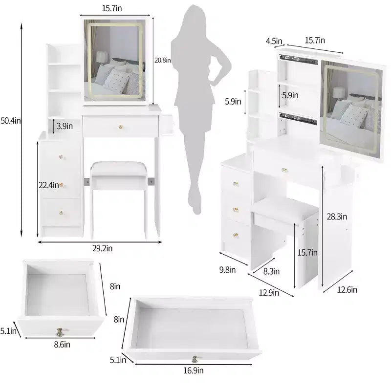 Coiffeuse avec miroir LED, LED 3 couleurs, prise de courant, tabouret rembourré, armoire de chevet gauche et support pour sèche-cheveux pour chambre à coucher.