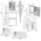 Coiffeuse avec miroir LED, LED 3 couleurs, prise de courant, tabouret rembourré, armoire de chevet gauche et support pour sèche-cheveux pour chambre à coucher.