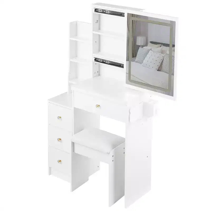Coiffeuse avec miroir LED, LED 3 couleurs, prise de courant, tabouret rembourré, armoire de chevet gauche et support pour sèche-cheveux pour chambre à coucher.