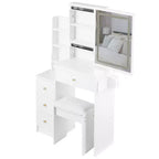 Coiffeuse avec miroir LED, LED 3 couleurs, prise de courant, tabouret rembourré, armoire de chevet gauche et support pour sèche-cheveux pour chambre à coucher.
