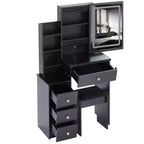 Coiffeuse avec miroir LED, LED 3 couleurs, prise de courant, tabouret rembourré, armoire de chevet gauche et support pour sèche-cheveux pour chambre à coucher.