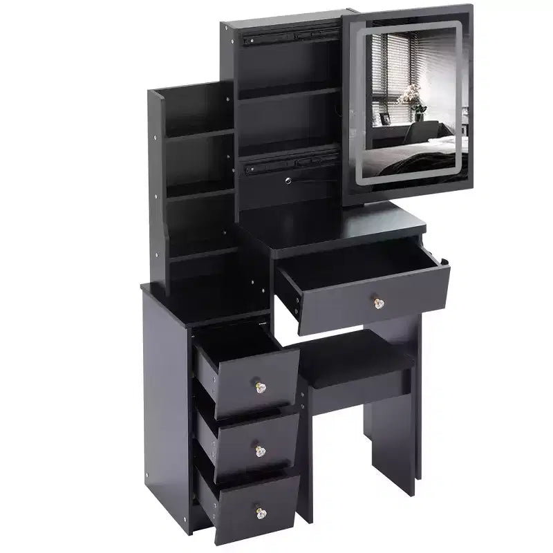Coiffeuse avec miroir LED, LED 3 couleurs, prise de courant, tabouret rembourré, armoire de chevet gauche et support pour sèche-cheveux pour chambre à coucher.