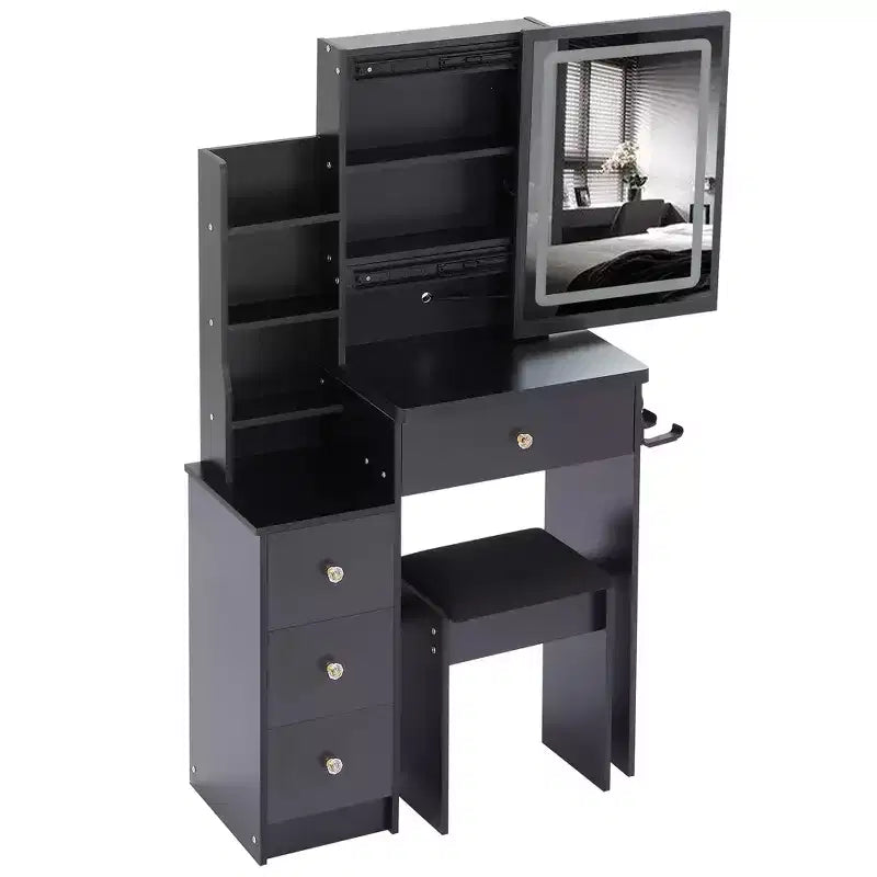 Coiffeuse avec miroir LED, LED 3 couleurs, prise de courant, tabouret rembourré, armoire de chevet gauche et support pour sèche-cheveux pour chambre à coucher.