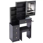 Coiffeuse avec miroir LED, LED 3 couleurs, prise de courant, tabouret rembourré, armoire de chevet gauche et support pour sèche-cheveux pour chambre à coucher.