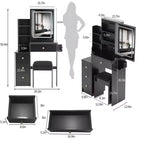 Coiffeuse avec miroir LED, LED 3 couleurs, prise de courant, tabouret rembourré, armoire de chevet gauche et support pour sèche-cheveux pour chambre à coucher.