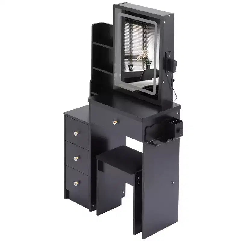 Coiffeuse avec miroir LED, LED 3 couleurs, prise de courant, tabouret rembourré, armoire de chevet gauche et support pour sèche-cheveux pour chambre à coucher.