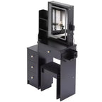 Coiffeuse avec miroir LED, LED 3 couleurs, prise de courant, tabouret rembourré, armoire de chevet gauche et support pour sèche-cheveux pour chambre à coucher.