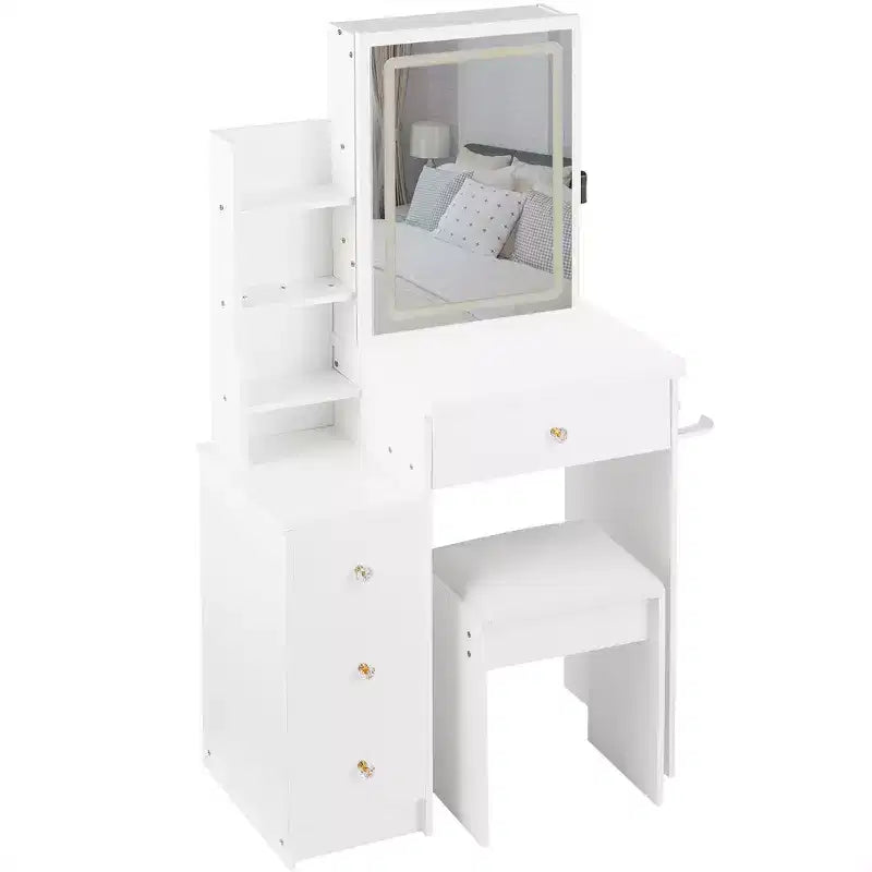 Coiffeuse avec miroir LED, LED 3 couleurs, prise de courant, tabouret rembourré, armoire de chevet gauche et support pour sèche-cheveux pour chambre à coucher.