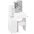 Coiffeuse avec miroir LED, LED 3 couleurs, prise de courant, tabouret rembourré, armoire de chevet gauche et support pour sèche-cheveux pour chambre à coucher.