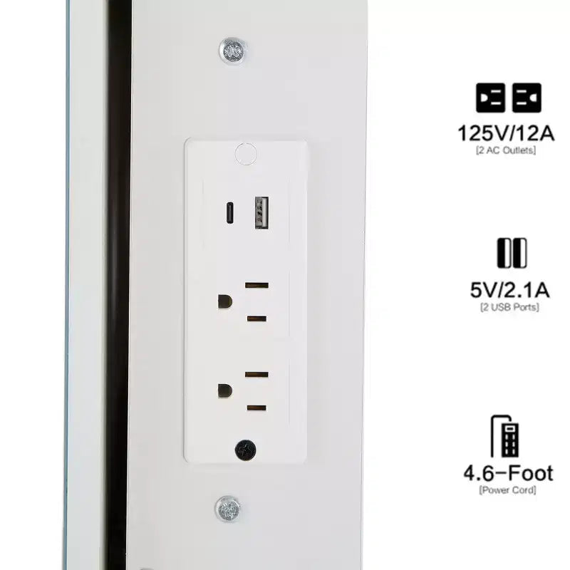 Coiffeuse avec miroir LED, LED 3 couleurs, prise de courant, tabouret rembourré, armoire de chevet gauche et support pour sèche-cheveux pour chambre à coucher.