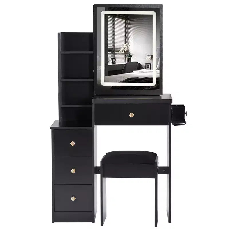 Vanity Desk with LED Mirror, 3 color LED, Power Outlet, Cushioned Stool, Left Bedside Cabinet, and Hair Dryer Bracket for Bedroom