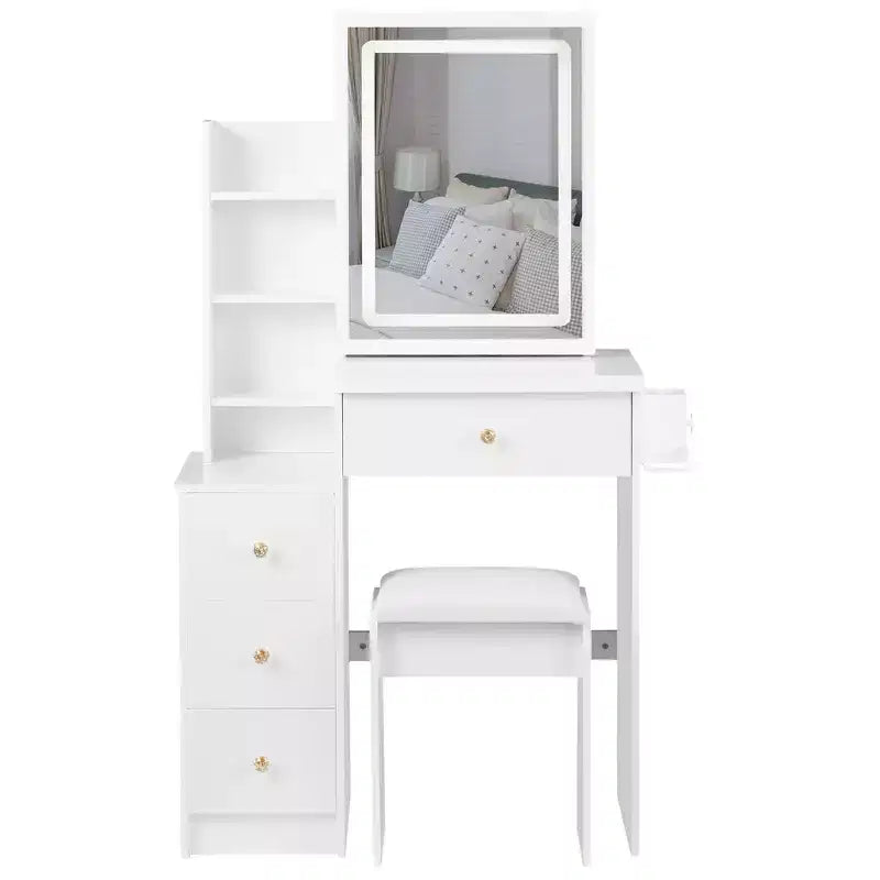 Coiffeuse avec miroir LED, LED 3 couleurs, prise de courant, tabouret rembourré, armoire de chevet gauche et support pour sèche-cheveux pour chambre à coucher.