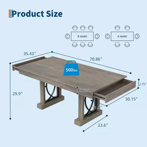 Table à manger en bois 71" pour 6 à 8 personnes avec 2 grands tiroirs, table de cuisine rectangulaire de style ferme avec plateau épais, pour grande famille