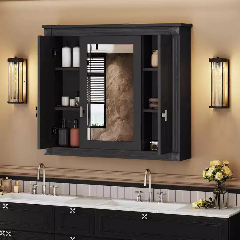 MAYEERTY 35 Armoire de toilette murale, Armoire murale de salle de bain moderne avec miroir et étagères ouvertes pour salle de bain Gris
