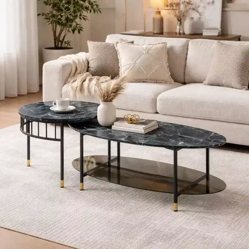 Table basse gigogne Royal Hampton de 40 po en 2 pièces, dessus en faux marbre, étagère en verre, noir