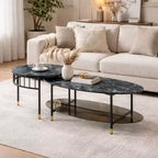 Table basse gigogne Royal Hampton de 40 po en 2 pièces, dessus en faux marbre, étagère en verre, noir
