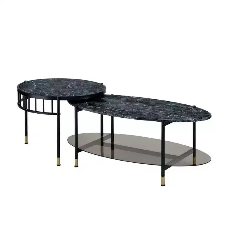 Table basse gigogne Royal Hampton de 40 po en 2 pièces, dessus en faux marbre, étagère en verre, noir